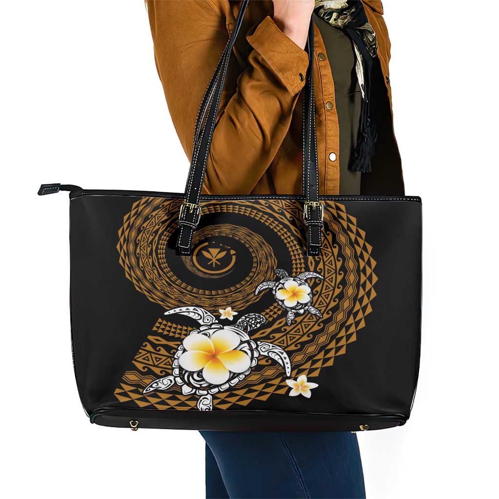 Hawaiian Plumeria Turtle Tribal Spiral Polynesian Tattoo Leather Tote Bag Gold Color