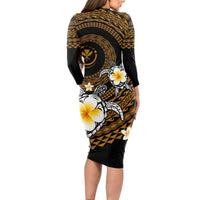 Hawaiian Plumeria Turtle Tribal Spiral Polynesian Tattoo Long Sleeve Bodycon Dress Gold Color