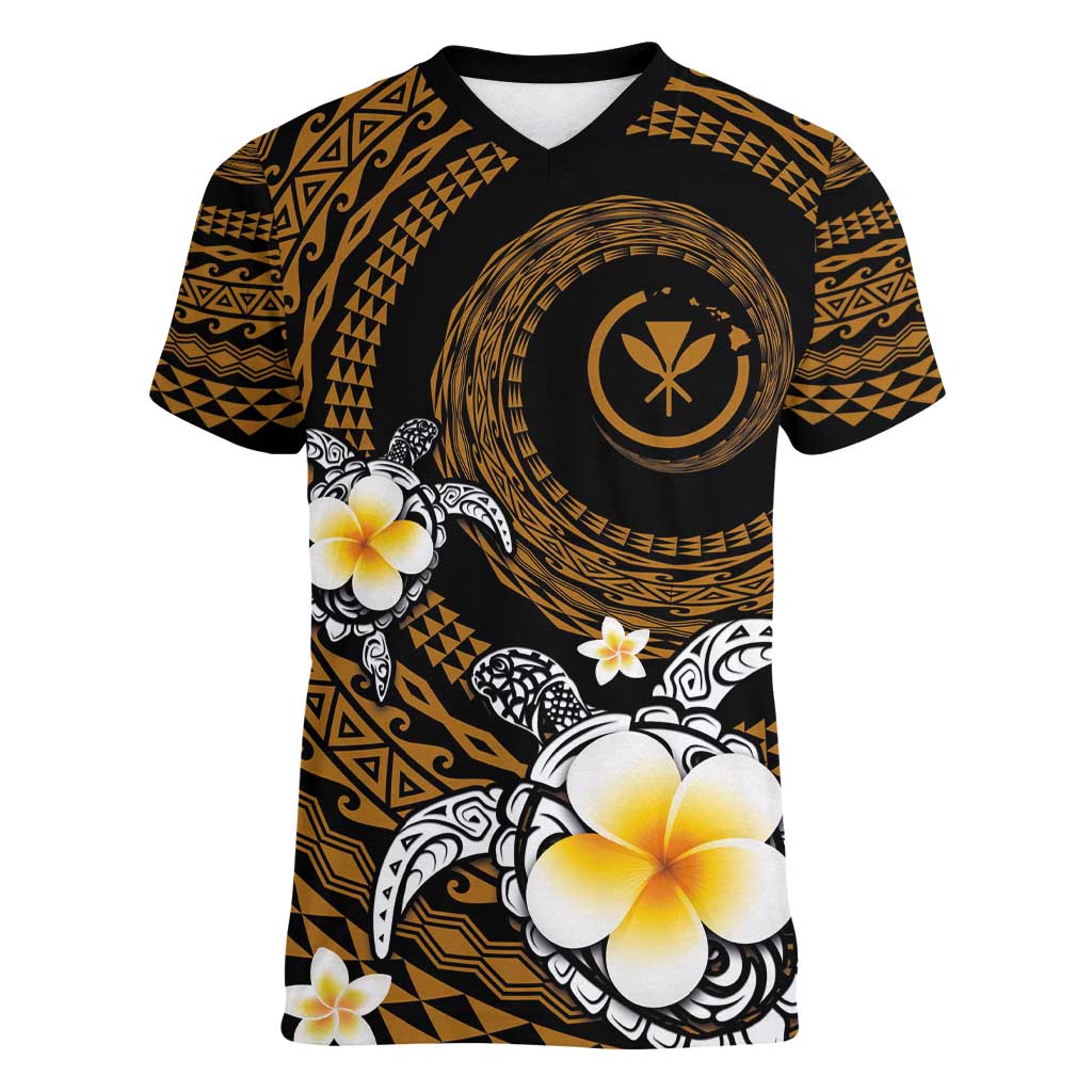 Hawaiian Plumeria Turtle Tribal Spiral Polynesian Tattoo Women V-Neck T-Shirt Gold Color LT03 Female Gold - Polynesian Pride