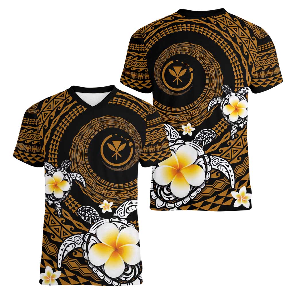 Hawaiian Plumeria Turtle Tribal Spiral Polynesian Tattoo Women V-Neck T-Shirt Gold Color LT03 - Polynesian Pride