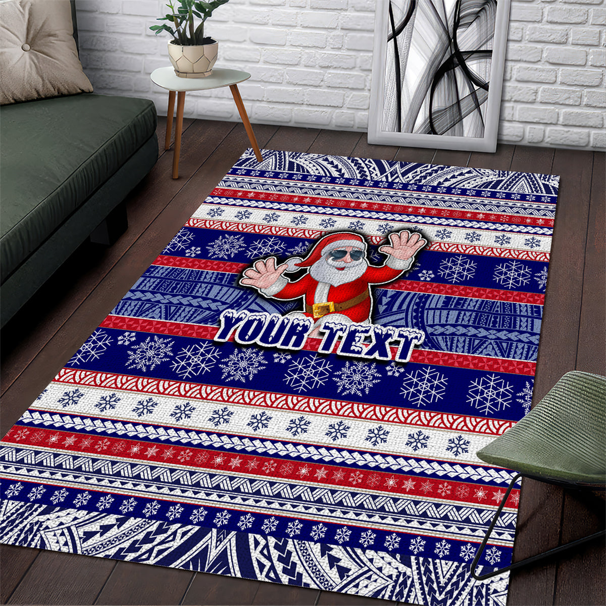Custom American Samoa Christmas Area Rug Samoan Coat of Arms and Cool Santa Ornament Style LT03 Blue - Polynesian Pride