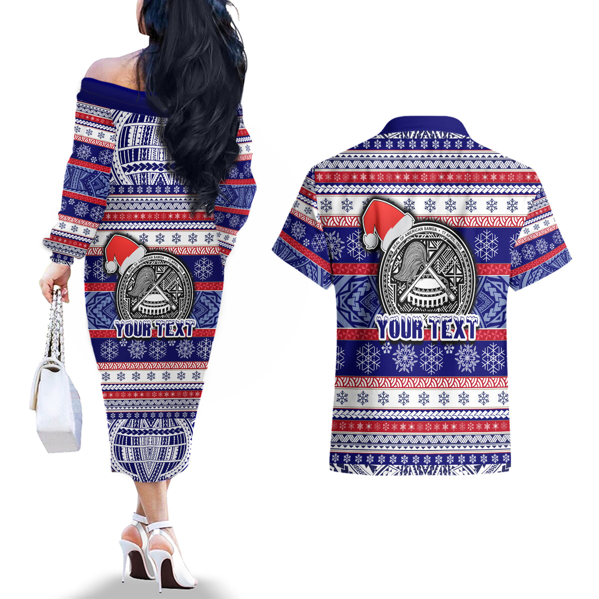 Custom American Samoa Christmas Couples Matching Off The Shoulder Long Sleeve Dress and Hawaiian Shirt Samoan Coat of Arms and Cool Santa Ornament Style LT03 - Polynesian Pride