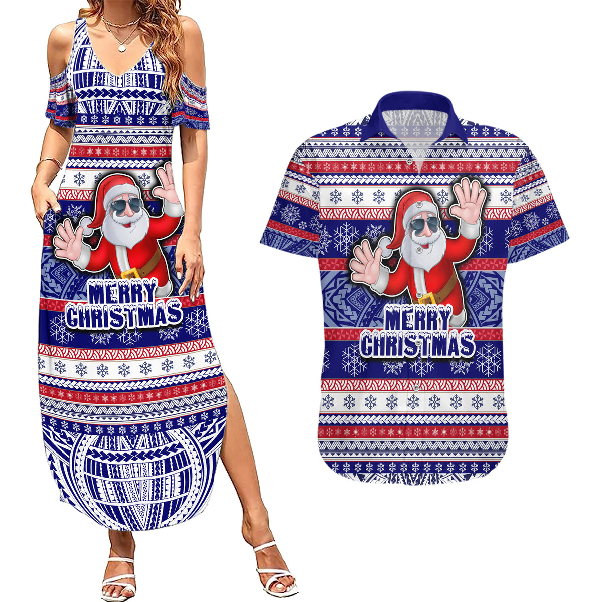 Custom American Samoa Christmas Couples Matching Summer Maxi Dress and Hawaiian Shirt Samoan Coat of Arms and Cool Santa Ornament Style LT03 Blue - Polynesian Pride