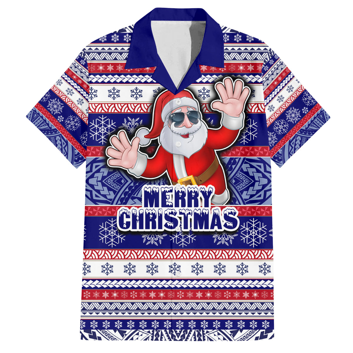 Custom American Samoa Christmas Family Matching Long Sleeve Bodycon Dress and Hawaiian Shirt Samoan Coat of Arms and Cool Santa Ornament Style LT03 Dad's Shirt - Short Sleeve Blue - Polynesian Pride