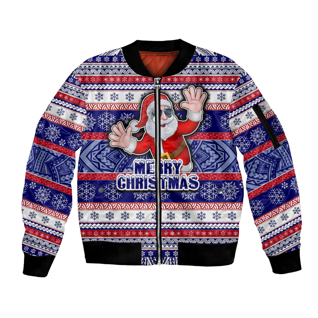 Custom American Samoa Christmas Sleeve Zip Bomber Jacket Samoan Coat of Arms and Cool Santa Ornament Style LT03 Unisex Blue - Polynesian Pride