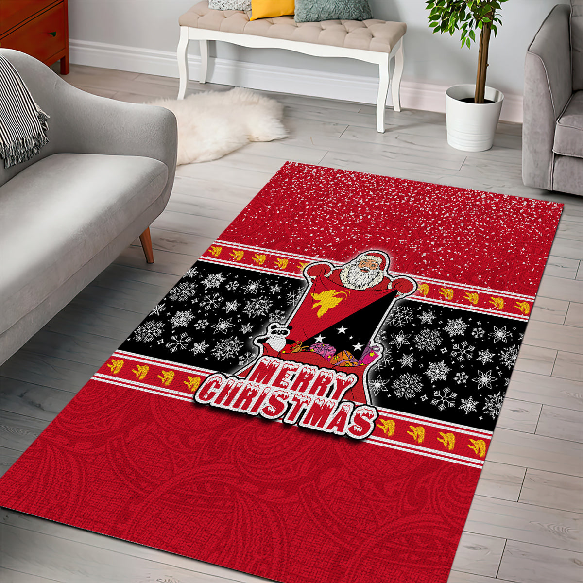 Papua New Guinea Christmas Area Rug Santa With Flag Of PNG Polynesian Tribal Xmas Vibe LT03 - Polynesian Pride
