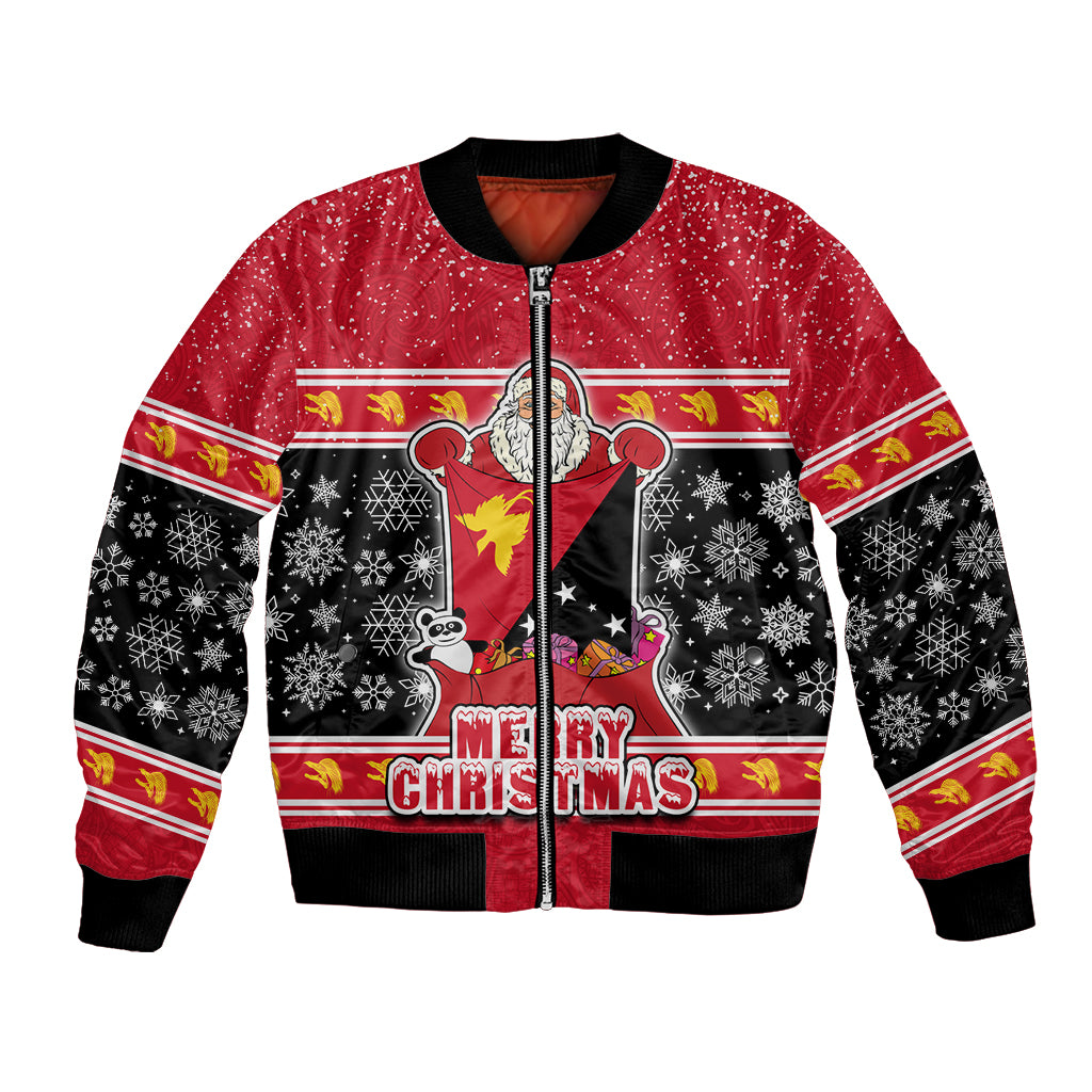 Papua New Guinea Christmas Bomber Jacket Santa With Flag Of PNG Polynesian Tribal Xmas Vibe LT03 Unisex Red - Polynesian Pride