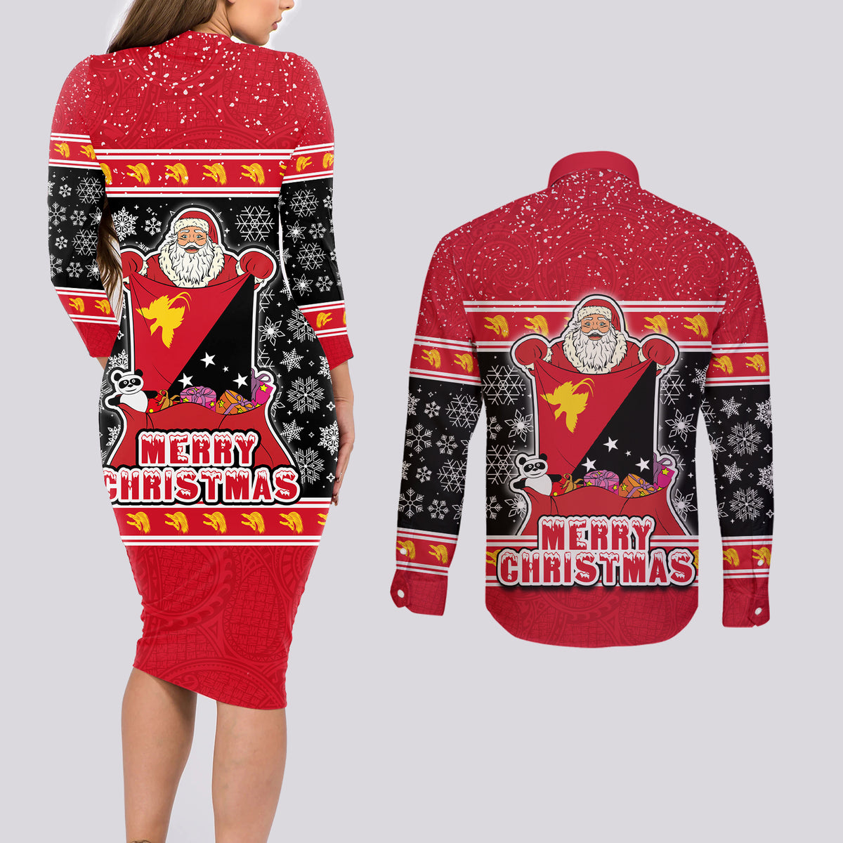 Papua New Guinea Christmas Couples Matching Long Sleeve Bodycon Dress and Long Sleeve Button Shirts Santa With Flag Of PNG Polynesian Tribal Xmas Vibe LT03 - Polynesian Pride