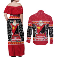 Papua New Guinea Christmas Couples Matching Off Shoulder Maxi Dress and Long Sleeve Button Shirts Santa With Flag Of PNG Polynesian Tribal Xmas Vibe LT03 - Polynesian Pride