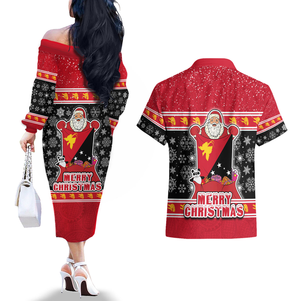Papua New Guinea Christmas Couples Matching Off The Shoulder Long Sleeve Dress and Hawaiian Shirt Santa With Flag Of PNG Polynesian Tribal Xmas Vibe LT03 - Polynesian Pride