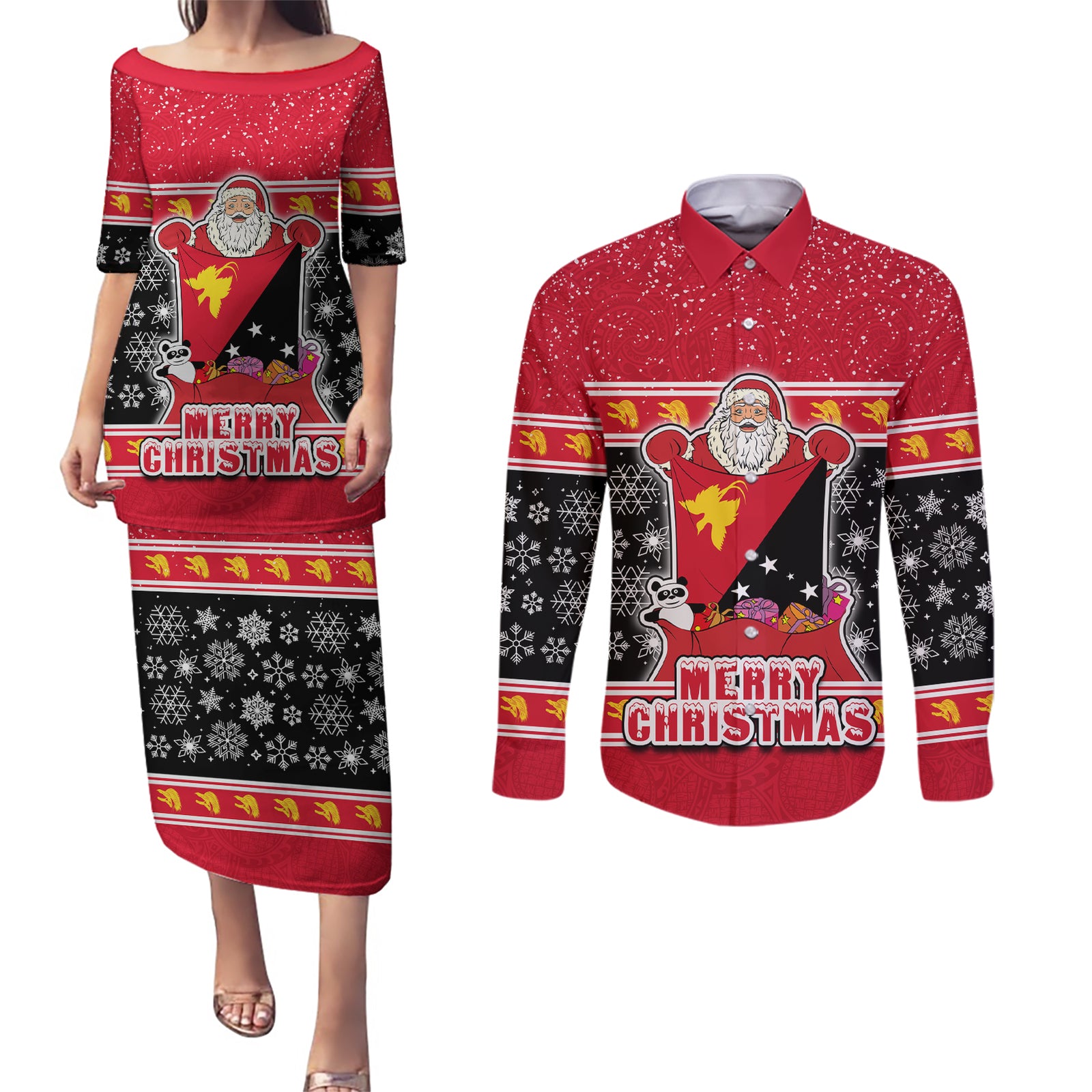 Papua New Guinea Christmas Couples Matching Puletasi Dress and Long Sleeve Button Shirts Santa With Flag Of PNG Polynesian Tribal Xmas Vibe LT03 Red - Polynesian Pride
