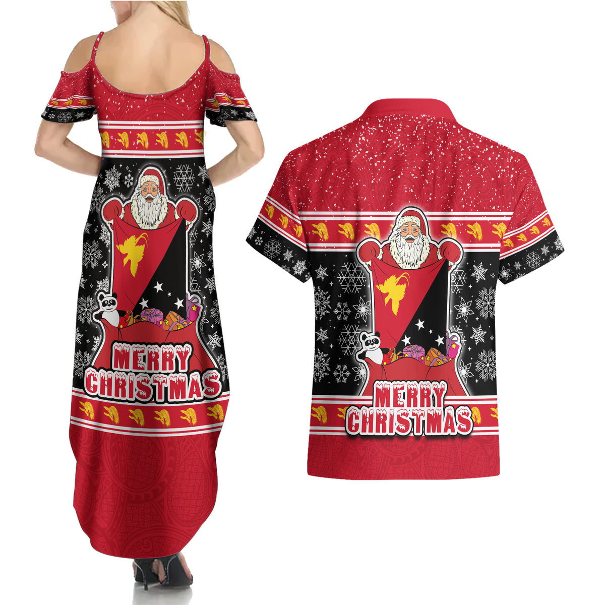 Papua New Guinea Christmas Couples Matching Summer Maxi Dress and Hawaiian Shirt Santa With Flag Of PNG Polynesian Tribal Xmas Vibe LT03 - Polynesian Pride