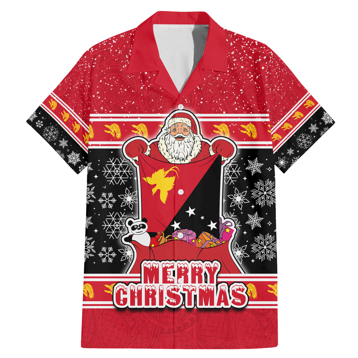 Papua New Guinea Christmas Family Matching Mermaid Dress and Hawaiian Shirt Santa With Flag Of PNG Polynesian Tribal Xmas Vibe LT03 Dad's Shirt - Short Sleeve Red - Polynesian Pride