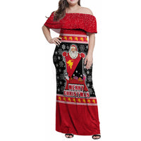 Papua New Guinea Christmas Family Matching Off Shoulder Maxi Dress and Hawaiian Shirt Santa With Flag Of PNG Polynesian Tribal Xmas Vibe LT03 Mom's Dress Red - Polynesian Pride