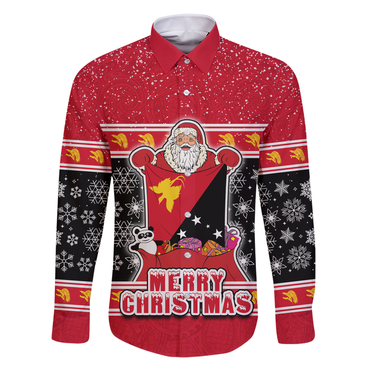 Papua New Guinea Christmas Family Matching Short Sleeve Bodycon Dress and Hawaiian Shirt Santa With Flag Of PNG Polynesian Tribal Xmas Vibe LT03 Dad's Shirt - Long Sleeve Red - Polynesian Pride