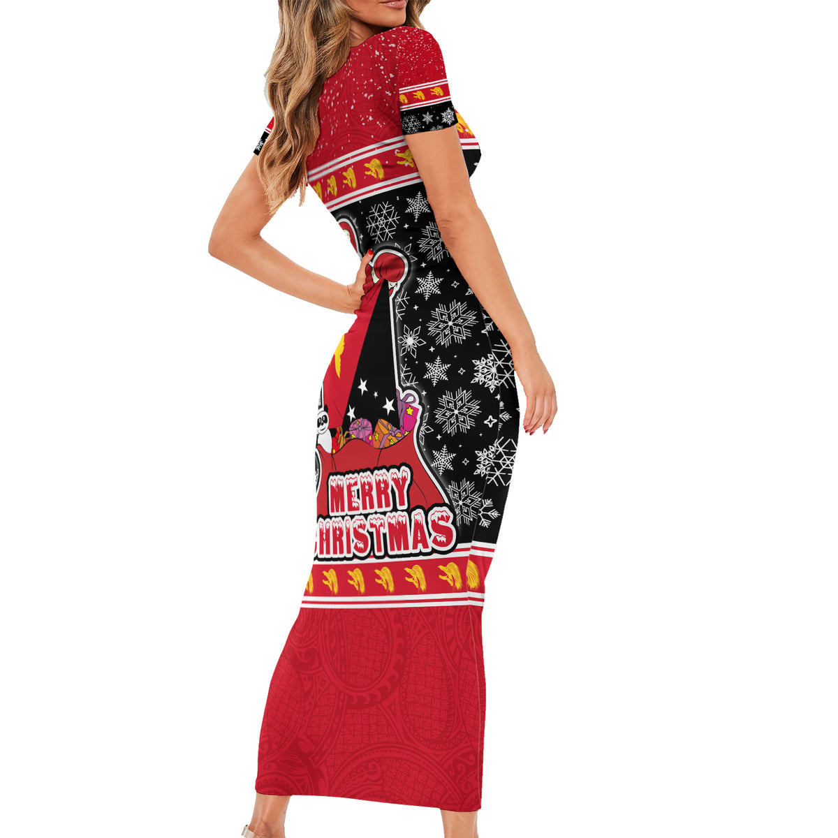 Papua New Guinea Christmas Family Matching Short Sleeve Bodycon Dress and Hawaiian Shirt Santa With Flag Of PNG Polynesian Tribal Xmas Vibe LT03 - Polynesian Pride