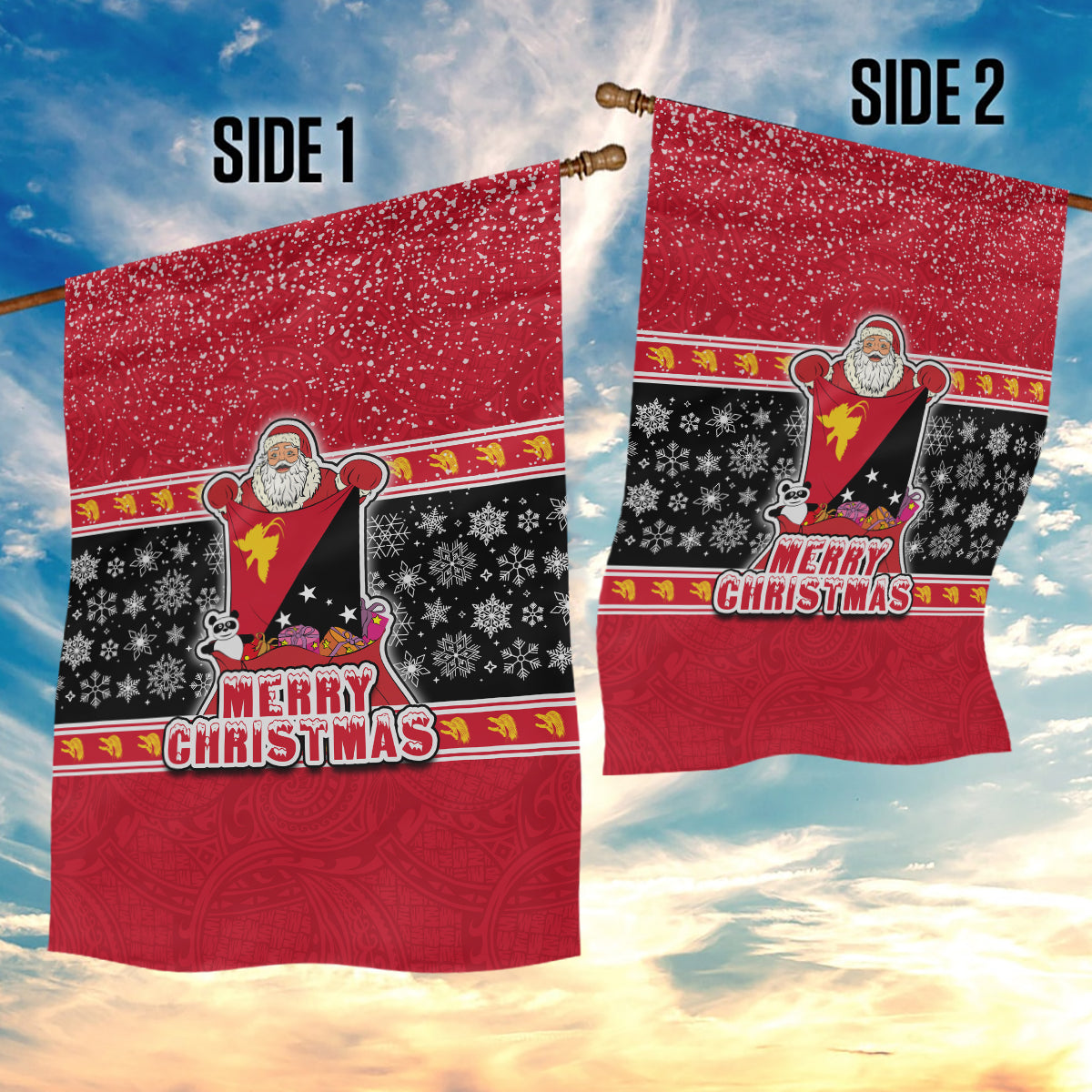 Papua New Guinea Christmas Garden Flag Santa With Flag Of PNG Polynesian Tribal Xmas Vibe LT03 - Polynesian Pride