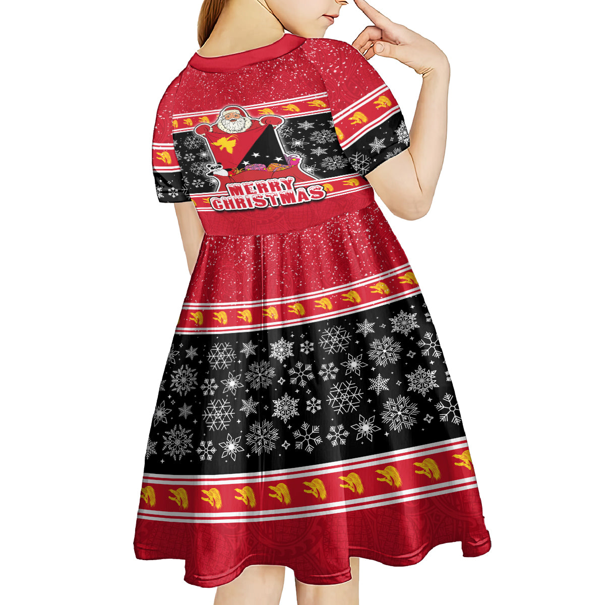 Papua New Guinea Christmas Kid Short Sleeve Dress Santa With Flag Of PNG Polynesian Tribal Xmas Vibe LT03 - Polynesian Pride