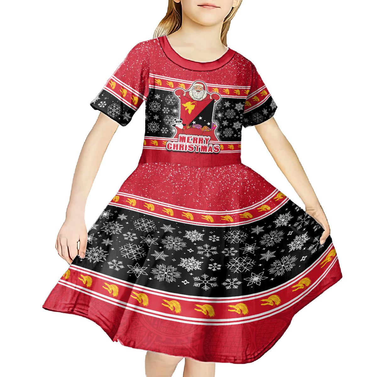Papua New Guinea Christmas Kid Short Sleeve Dress Santa With Flag Of PNG Polynesian Tribal Xmas Vibe LT03 - Polynesian Pride