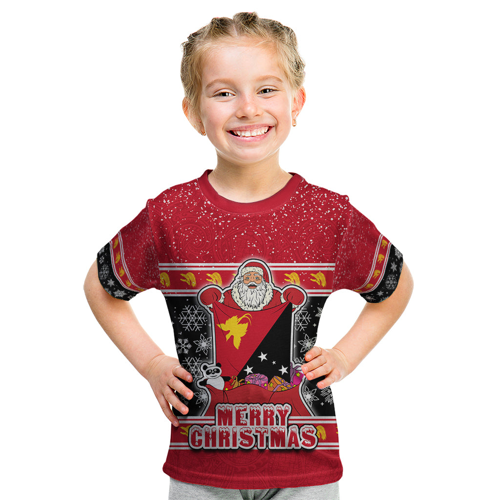Papua New Guinea Christmas Kid T Shirt Santa With Flag Of PNG Polynesian Tribal Xmas Vibe LT03 Red - Polynesian Pride