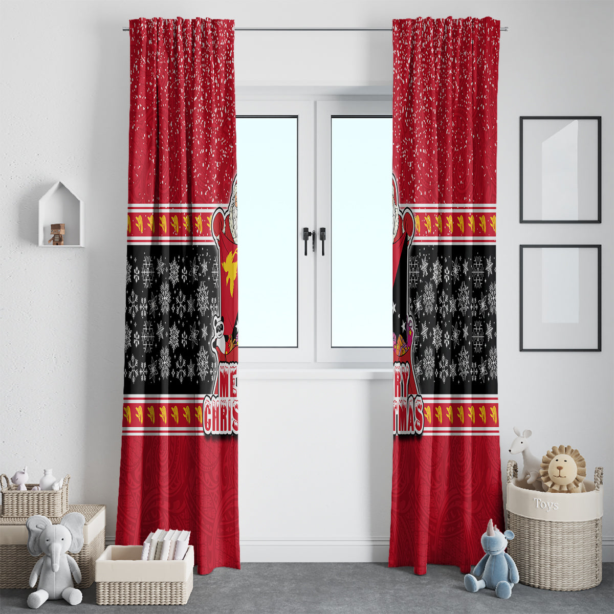 Papua New Guinea Christmas Window Curtain Santa With Flag Of PNG Polynesian Tribal Xmas Vibe LT03 - Polynesian Pride