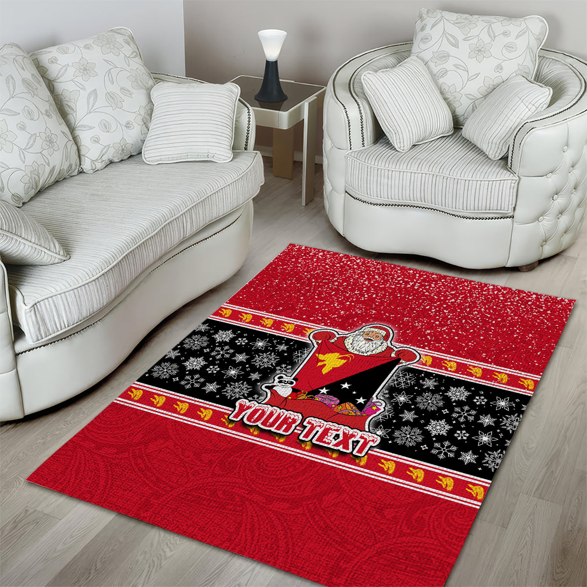 Custom Papua New Guinea Christmas Area Rug Santa With Flag Of PNG Polynesian Tribal Xmas Vibe LT03 - Polynesian Pride
