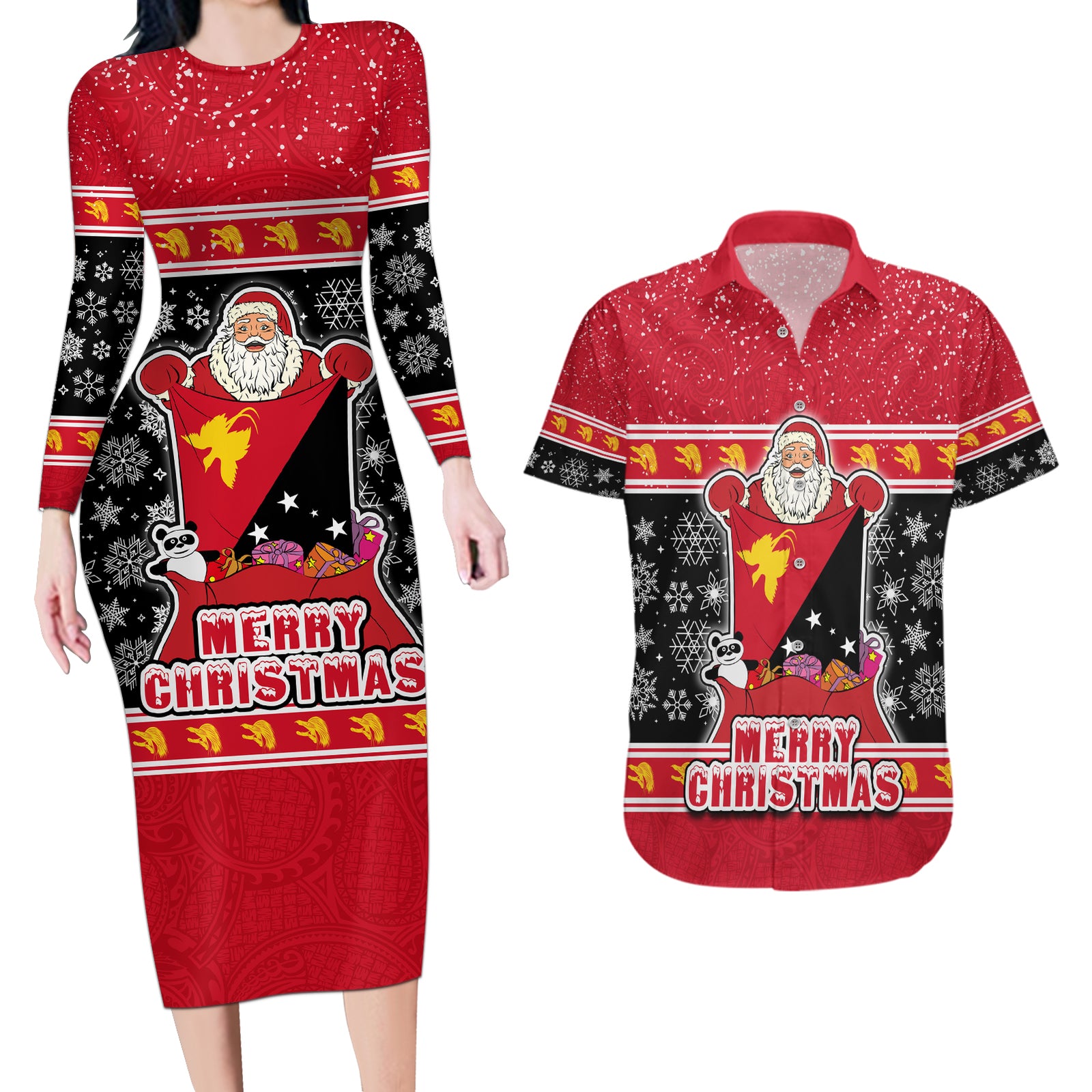 Custom Papua New Guinea Christmas Couples Matching Long Sleeve Bodycon Dress and Hawaiian Shirt Santa With Flag Of PNG Polynesian Tribal Xmas Vibe LT03 Red - Polynesian Pride