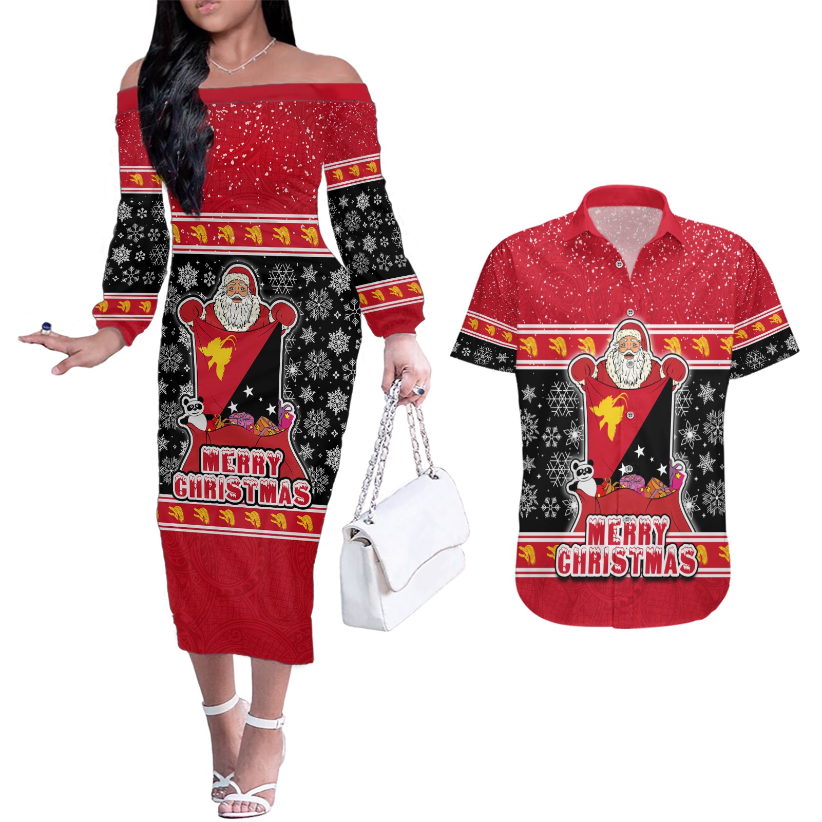 Custom Papua New Guinea Christmas Couples Matching Off The Shoulder Long Sleeve Dress and Hawaiian Shirt Santa With Flag Of PNG Polynesian Tribal Xmas Vibe LT03 Red - Polynesian Pride