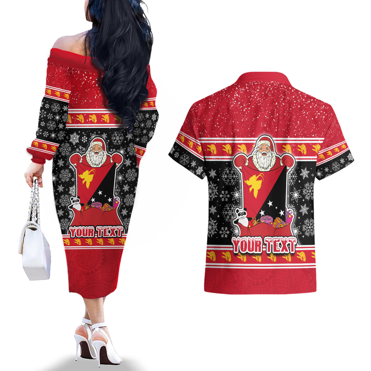 Custom Papua New Guinea Christmas Couples Matching Off The Shoulder Long Sleeve Dress and Hawaiian Shirt Santa With Flag Of PNG Polynesian Tribal Xmas Vibe LT03 - Polynesian Pride