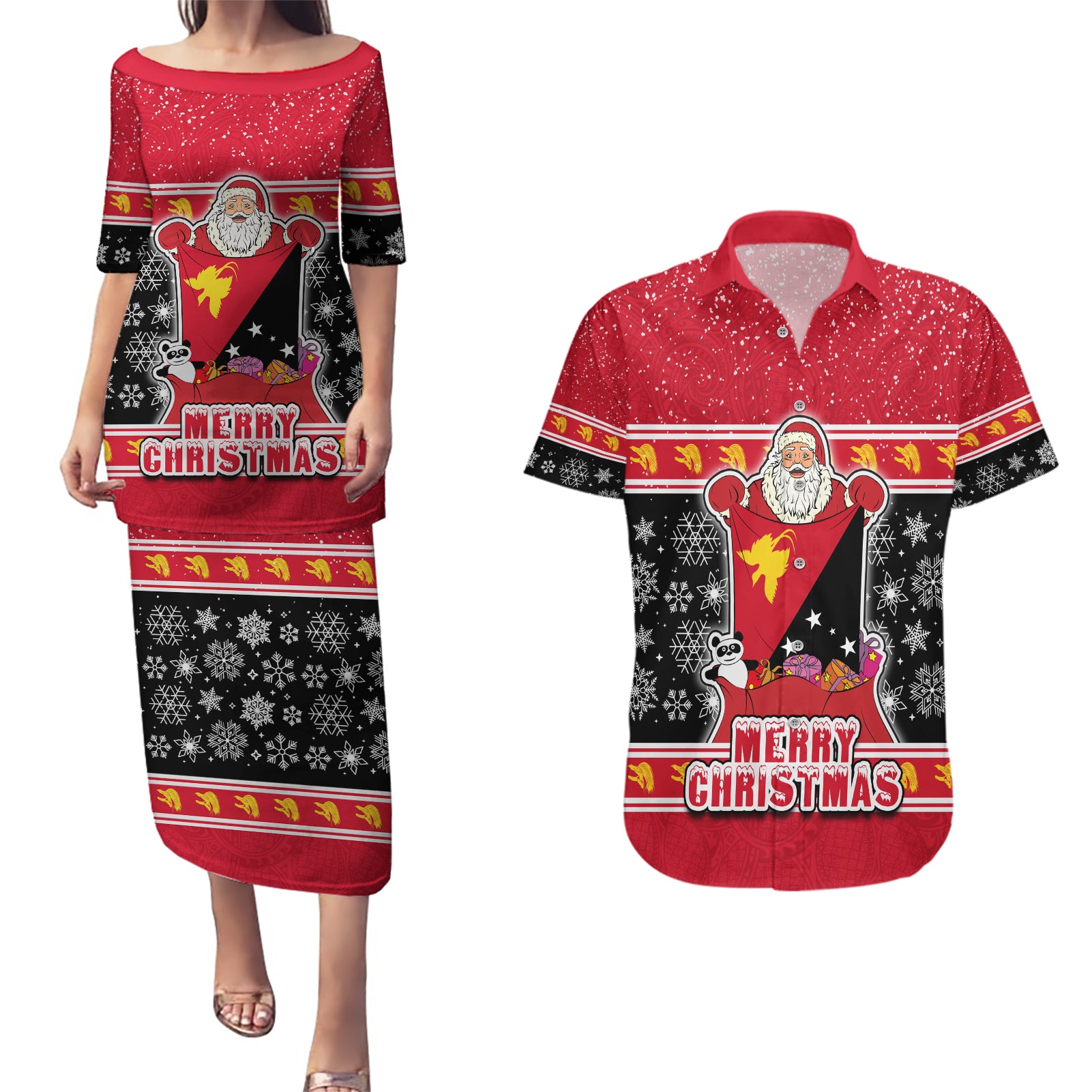 Custom Papua New Guinea Christmas Couples Matching Puletasi Dress and Hawaiian Shirt Santa With Flag Of PNG Polynesian Tribal Xmas Vibe LT03 Red - Polynesian Pride
