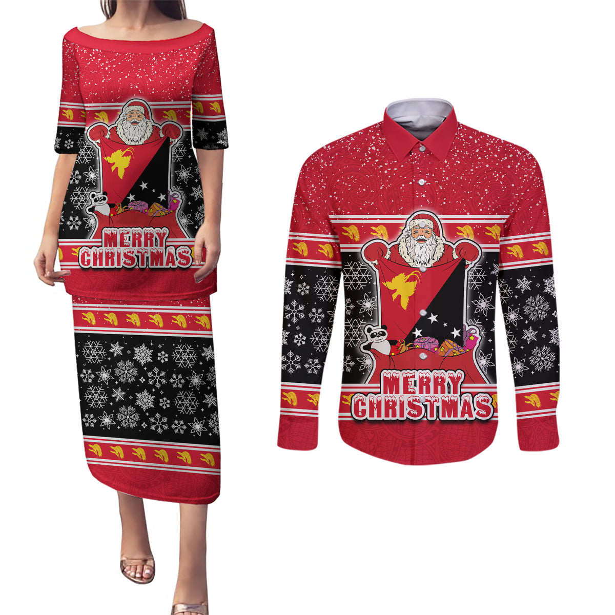 Custom Papua New Guinea Christmas Couples Matching Puletasi Dress and Long Sleeve Button Shirts Santa With Flag Of PNG Polynesian Tribal Xmas Vibe LT03 Red - Polynesian Pride