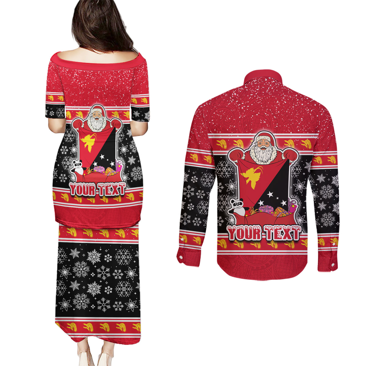 Custom Papua New Guinea Christmas Couples Matching Puletasi Dress and Long Sleeve Button Shirts Santa With Flag Of PNG Polynesian Tribal Xmas Vibe LT03 - Polynesian Pride