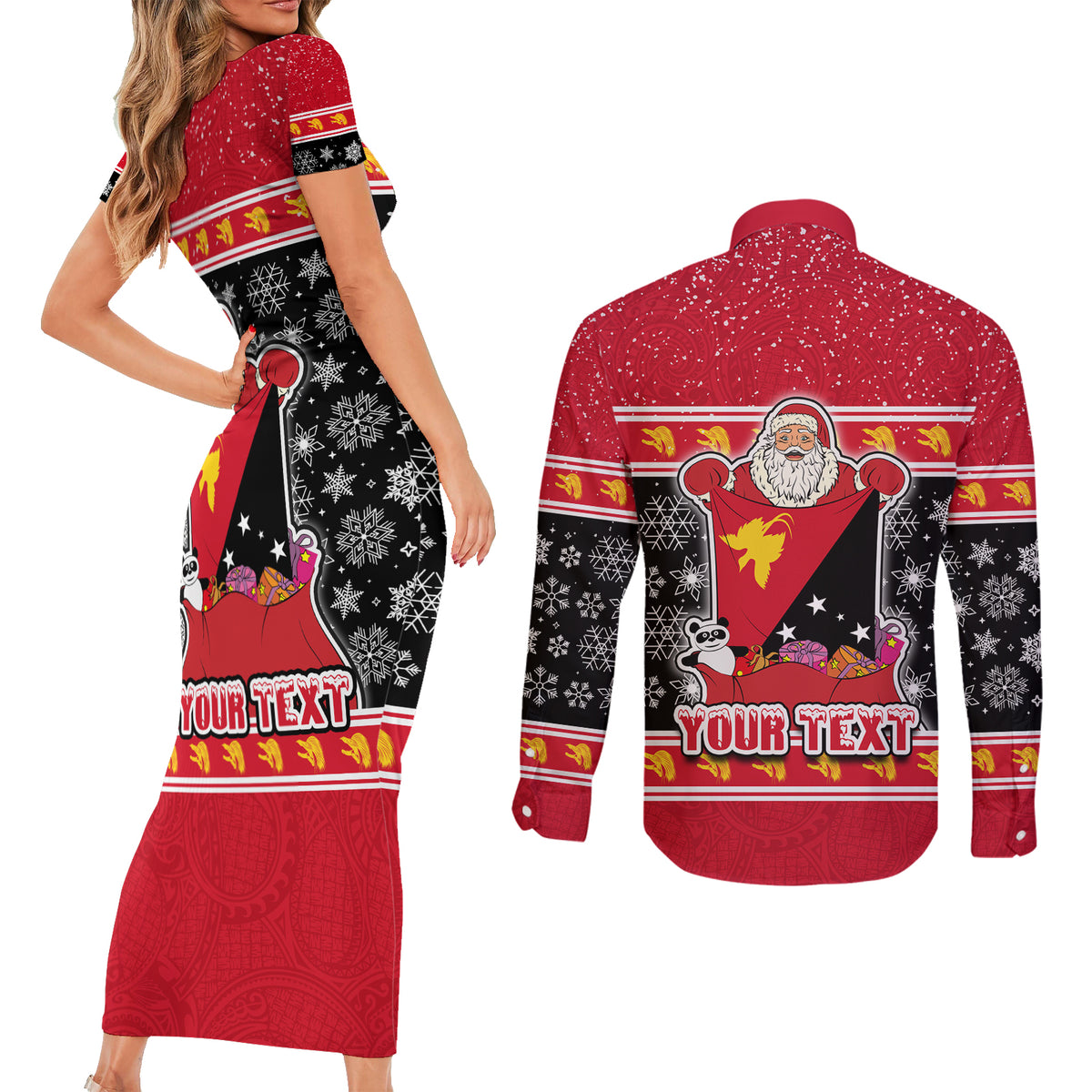 Custom Papua New Guinea Christmas Couples Matching Short Sleeve Bodycon Dress and Long Sleeve Button Shirts Santa With Flag Of PNG Polynesian Tribal Xmas Vibe LT03 - Polynesian Pride