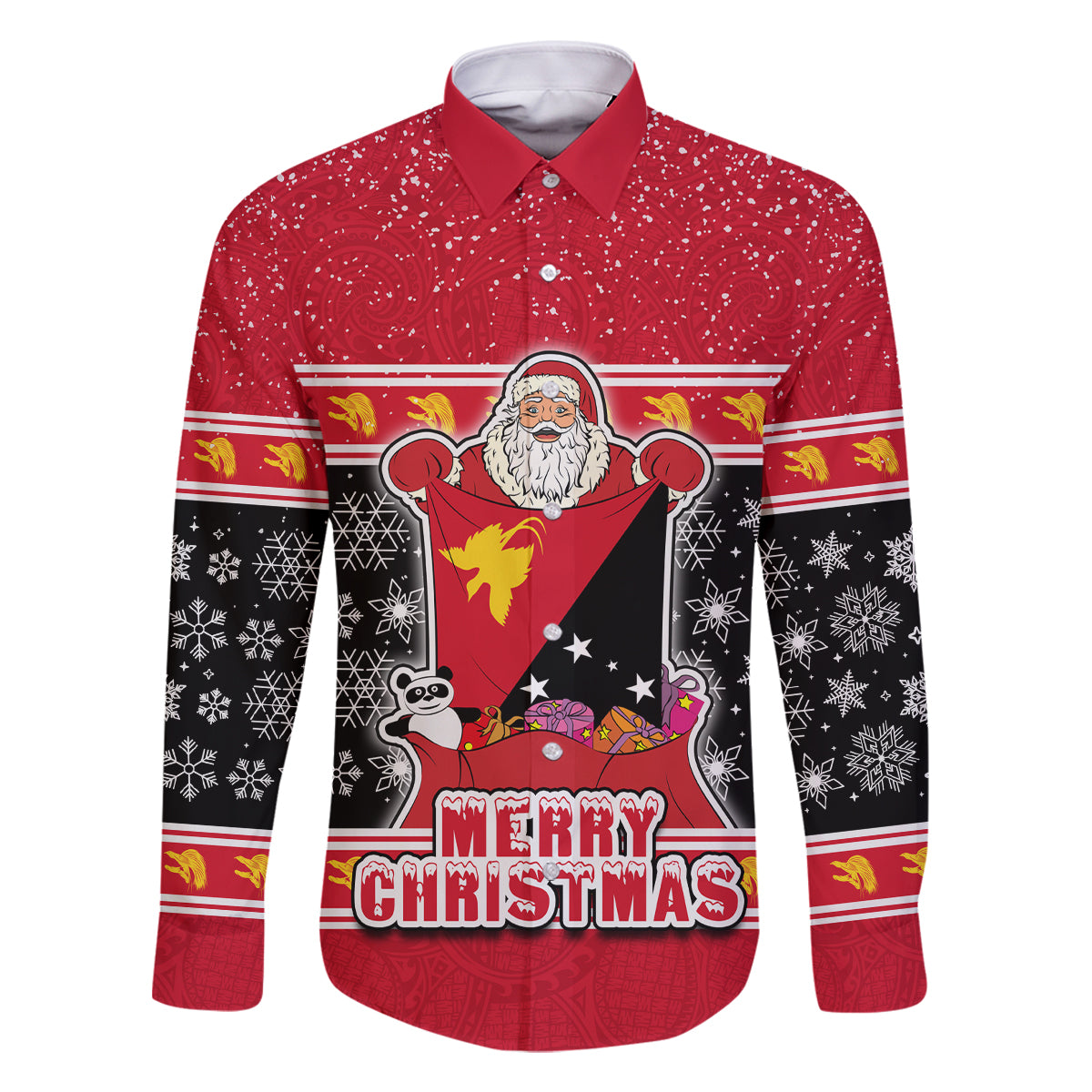 Custom Papua New Guinea Christmas Family Matching Tank Maxi Dress and Hawaiian Shirt Santa With Flag Of PNG Polynesian Tribal Xmas Vibe LT03 Dad's Shirt - Long Sleeve Red - Polynesian Pride