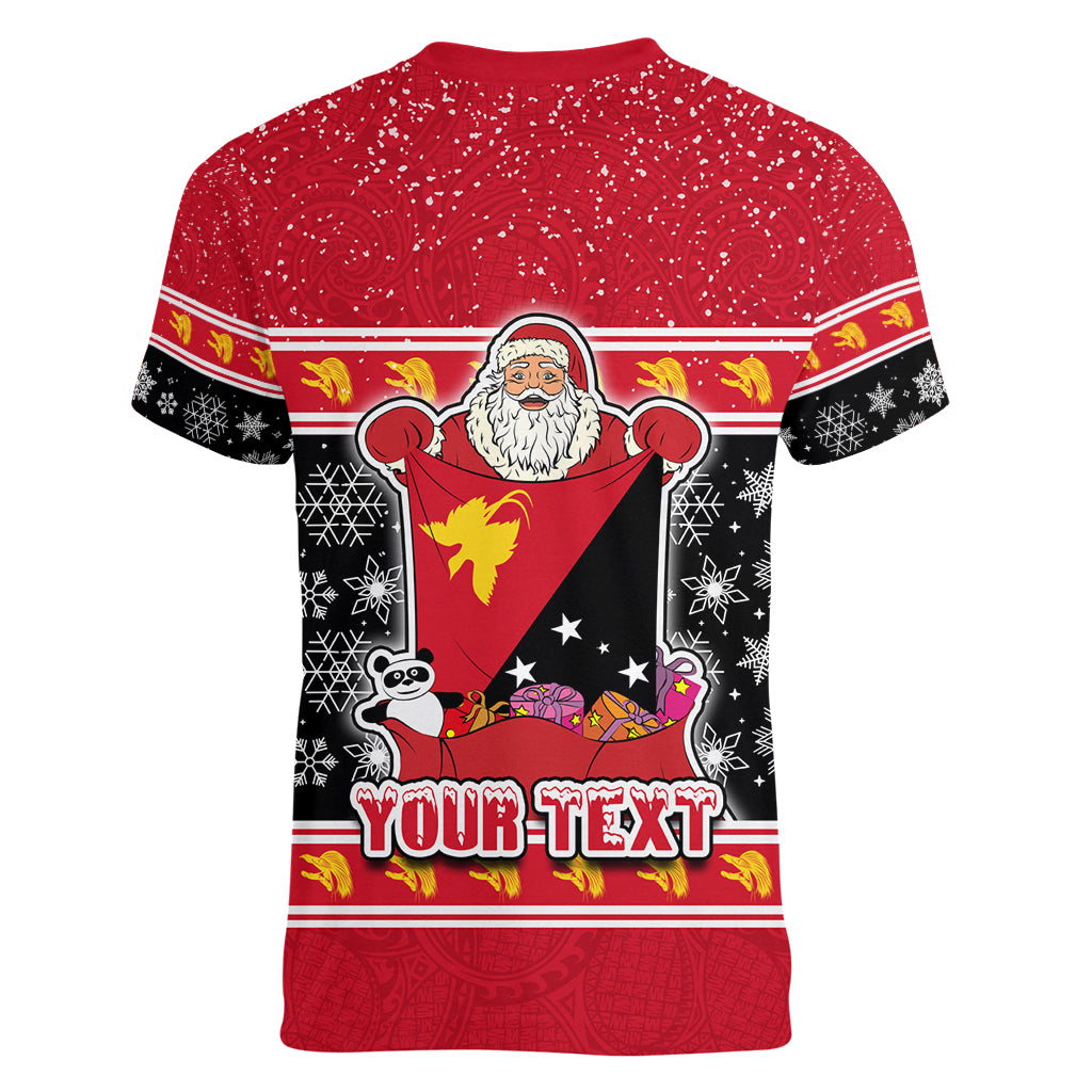Custom Papua New Guinea Christmas Women V Neck T Shirt Santa With Flag Of PNG Polynesian Tribal Xmas Vibe LT03 - Polynesian Pride