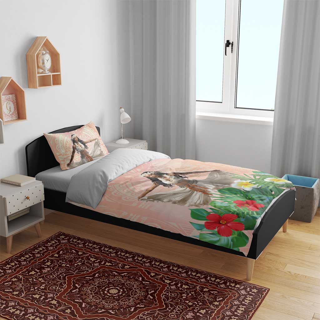 Woman Polynesian Tattoos Bedding Set Tropical Flower - Peach Fuzz Color LT03 - Polynesian Pride