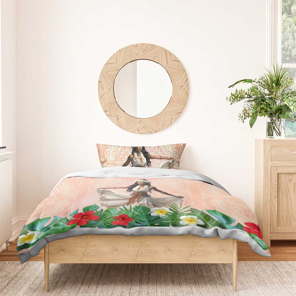 Woman Polynesian Tattoos Bedding Set Tropical Flower - Peach Fuzz Color LT03 - Polynesian Pride