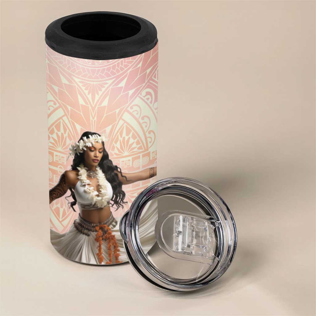Woman Polynesian Tattoos 4 in 1 Can Cooler Tumbler Tropical Flower - Peach Fuzz Color