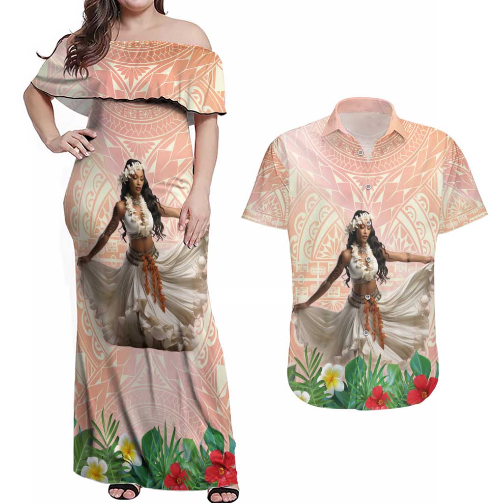 Woman Polynesian Tattoos Couples Matching Off Shoulder Maxi Dress and Hawaiian Shirt Tropical Flower - Peach Fuzz Color