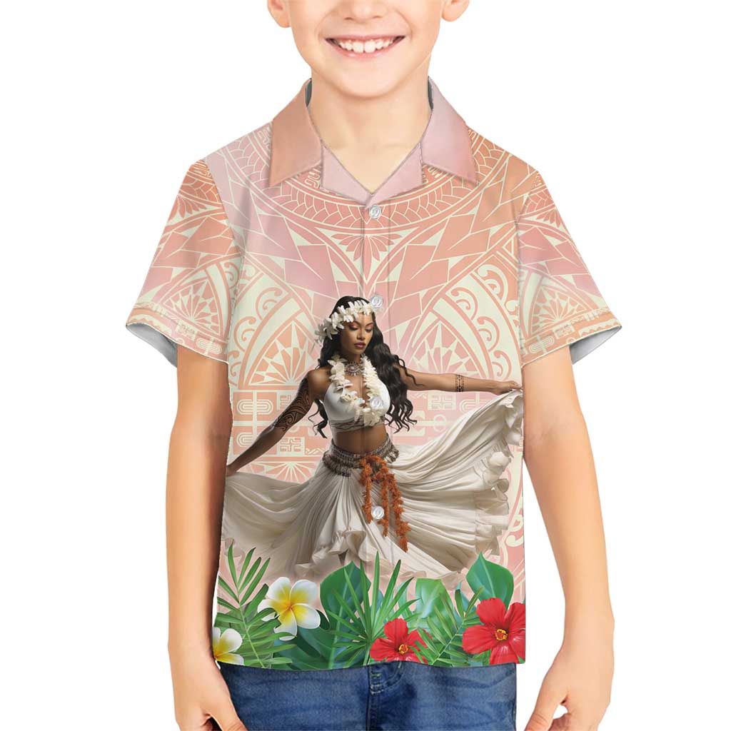 Woman Polynesian Tattoos Family Matching Long Sleeve Bodycon Dress and Hawaiian Shirt Tropical Flower - Peach Fuzz Color