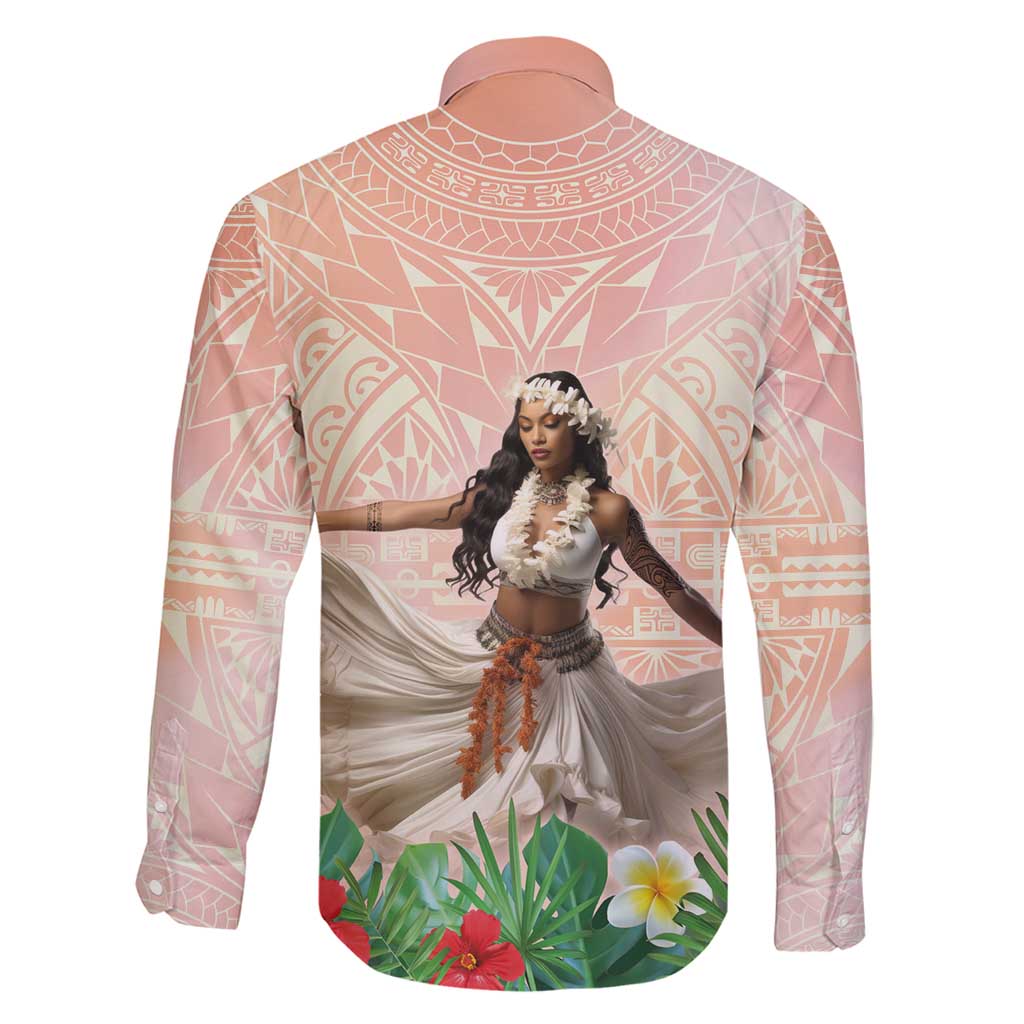 Woman Polynesian Tattoos Family Matching Off Shoulder Short Dress and Hawaiian Shirt Tropical Flower - Peach Fuzz Color