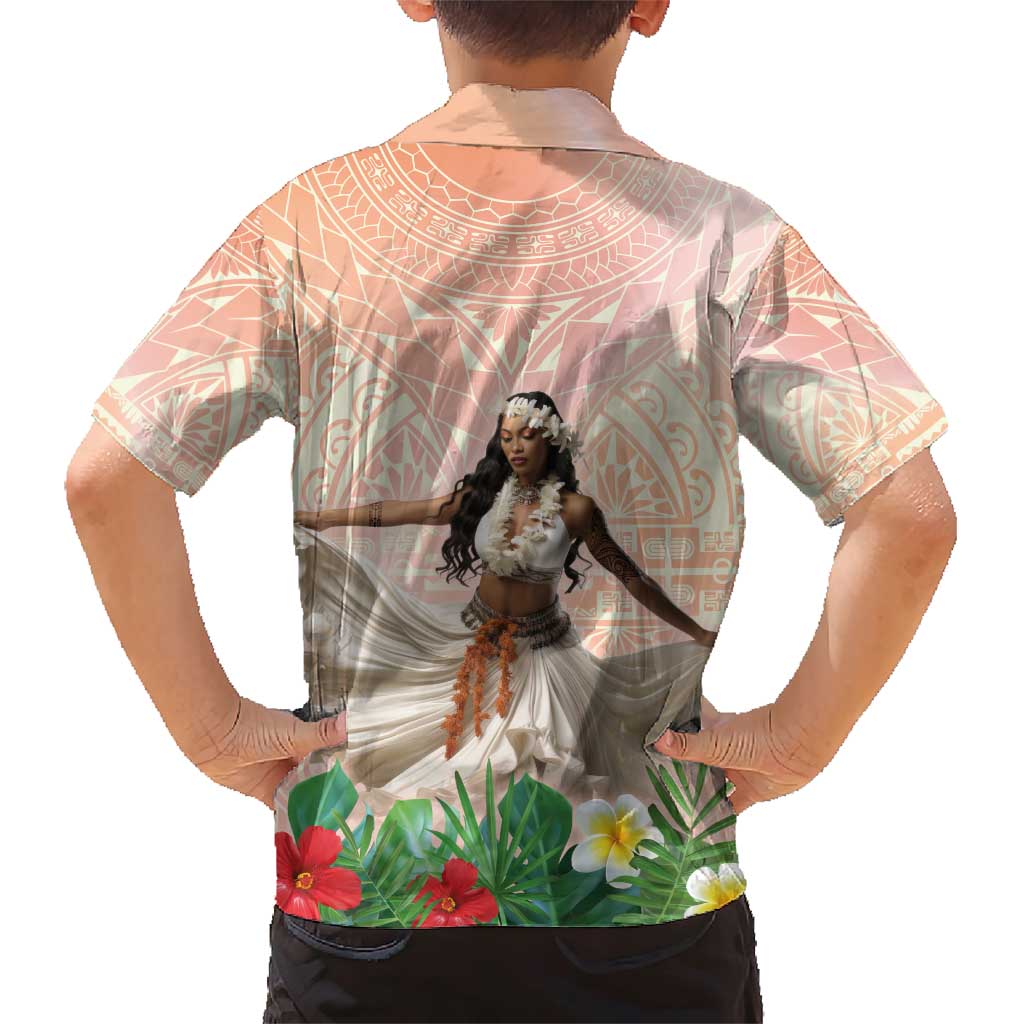 Woman Polynesian Tattoos Family Matching Short Sleeve Bodycon Dress and Hawaiian Shirt Tropical Flower - Peach Fuzz Color