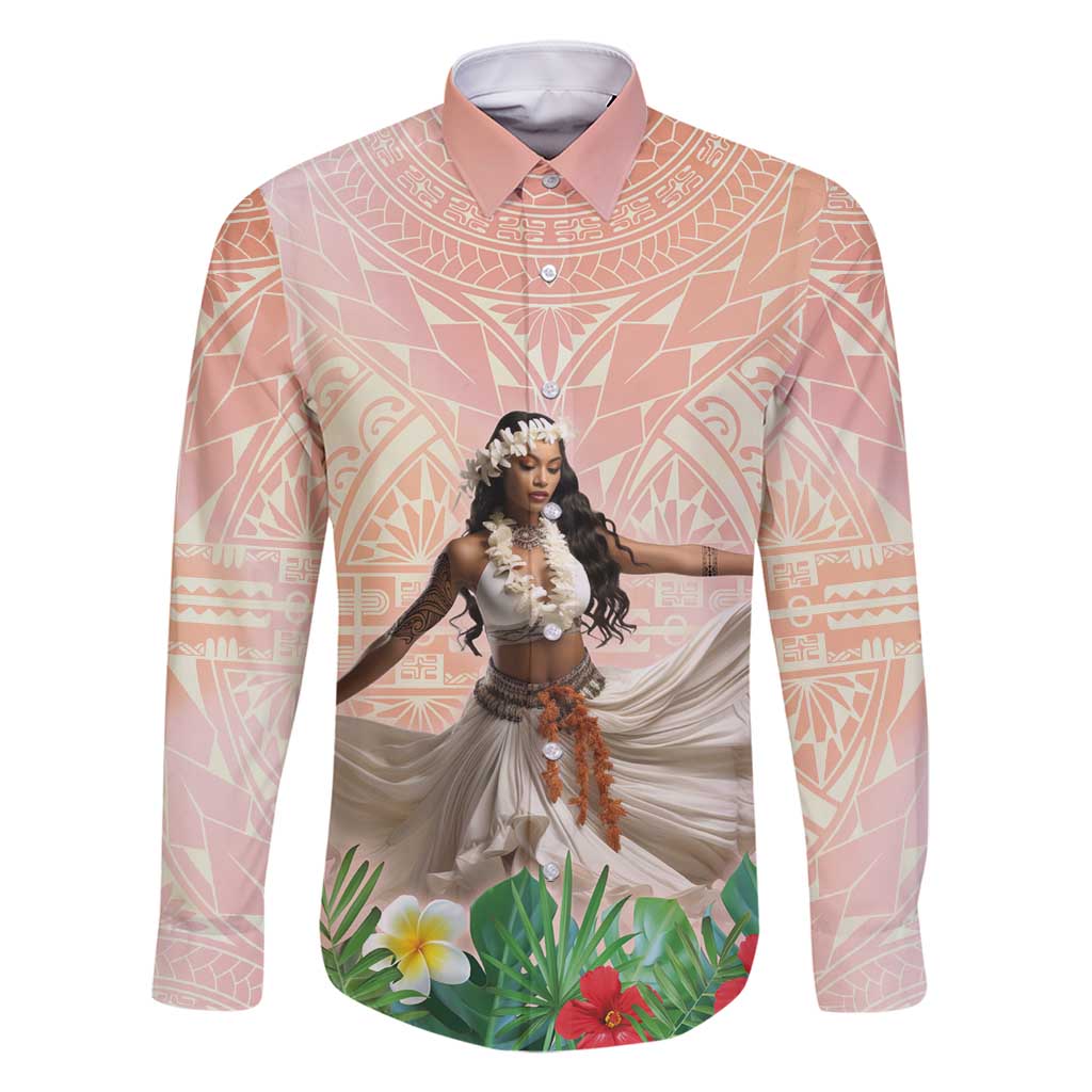 Woman Polynesian Tattoos Family Matching Tank Maxi Dress and Hawaiian Shirt Tropical Flower - Peach Fuzz Color