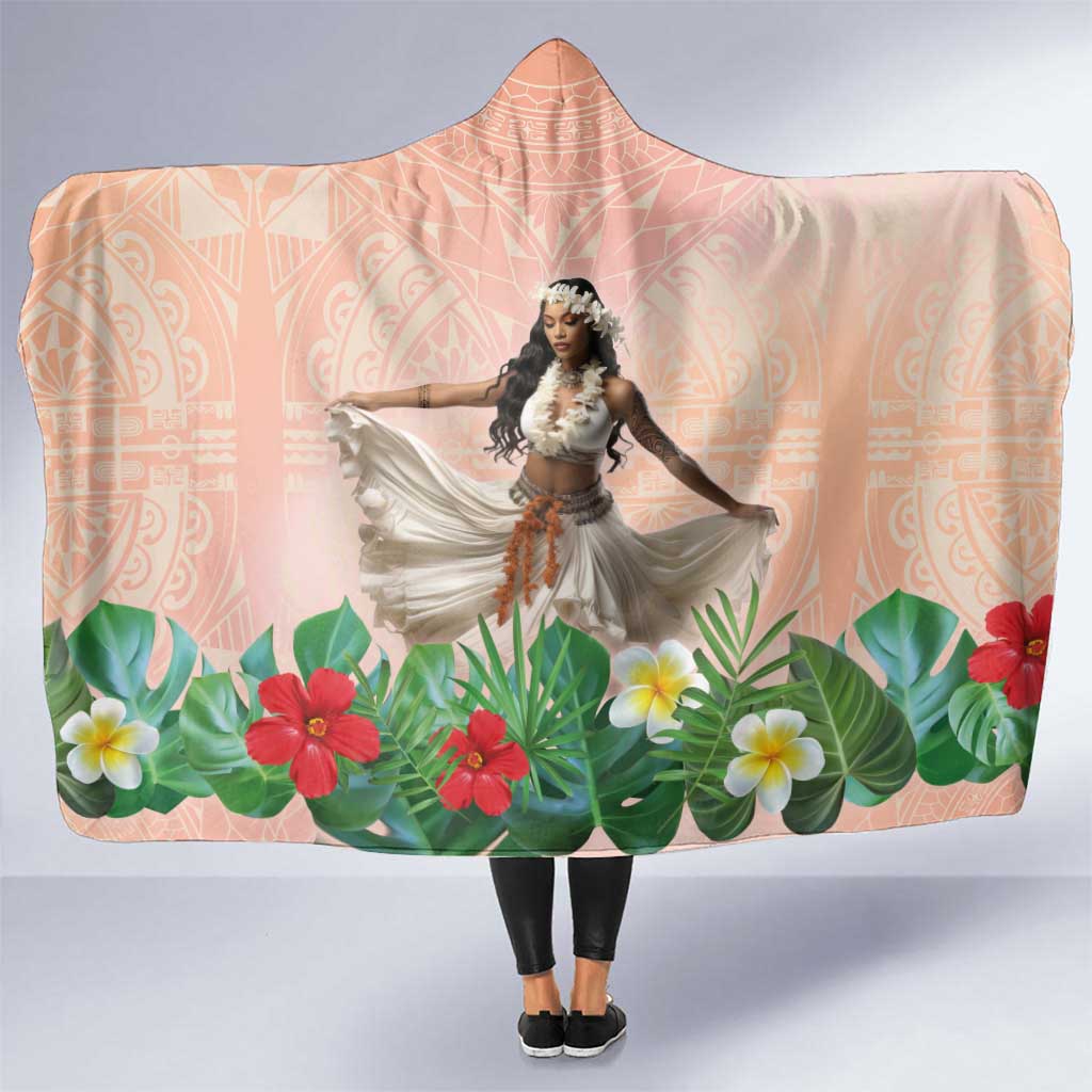Woman Polynesian Tattoos Hooded Blanket Tropical Flower - Peach Fuzz Color LT03 One Size Peach Fuzz - Polynesian Pride
