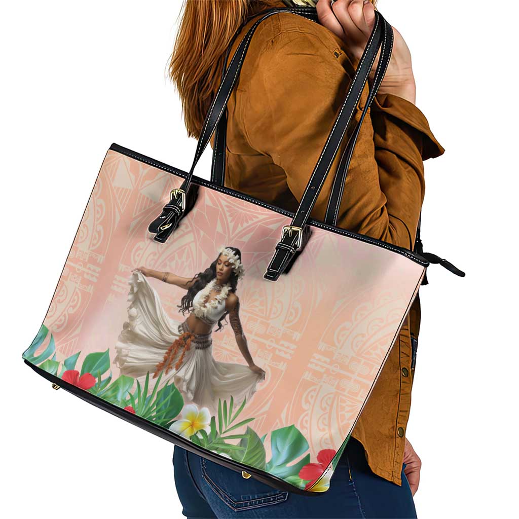 Woman Polynesian Tattoos Leather Tote Bag Tropical Flower - Peach Fuzz Color