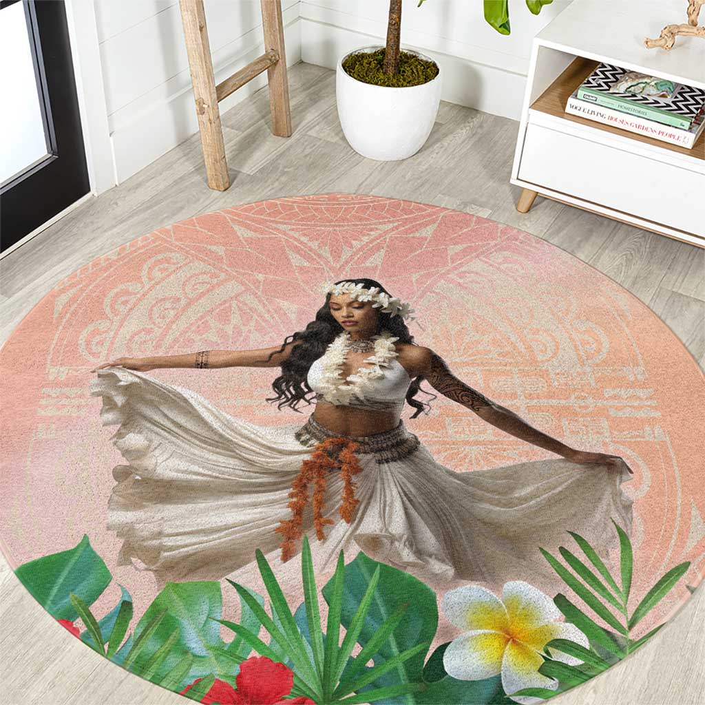 Woman Polynesian Tattoos Round Carpet Tropical Flower - Peach Fuzz Color LT03 Peach Fuzz - Polynesian Pride