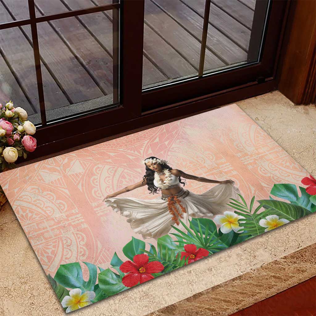 Woman Polynesian Tattoos Rubber Doormat Tropical Flower - Peach Fuzz Color