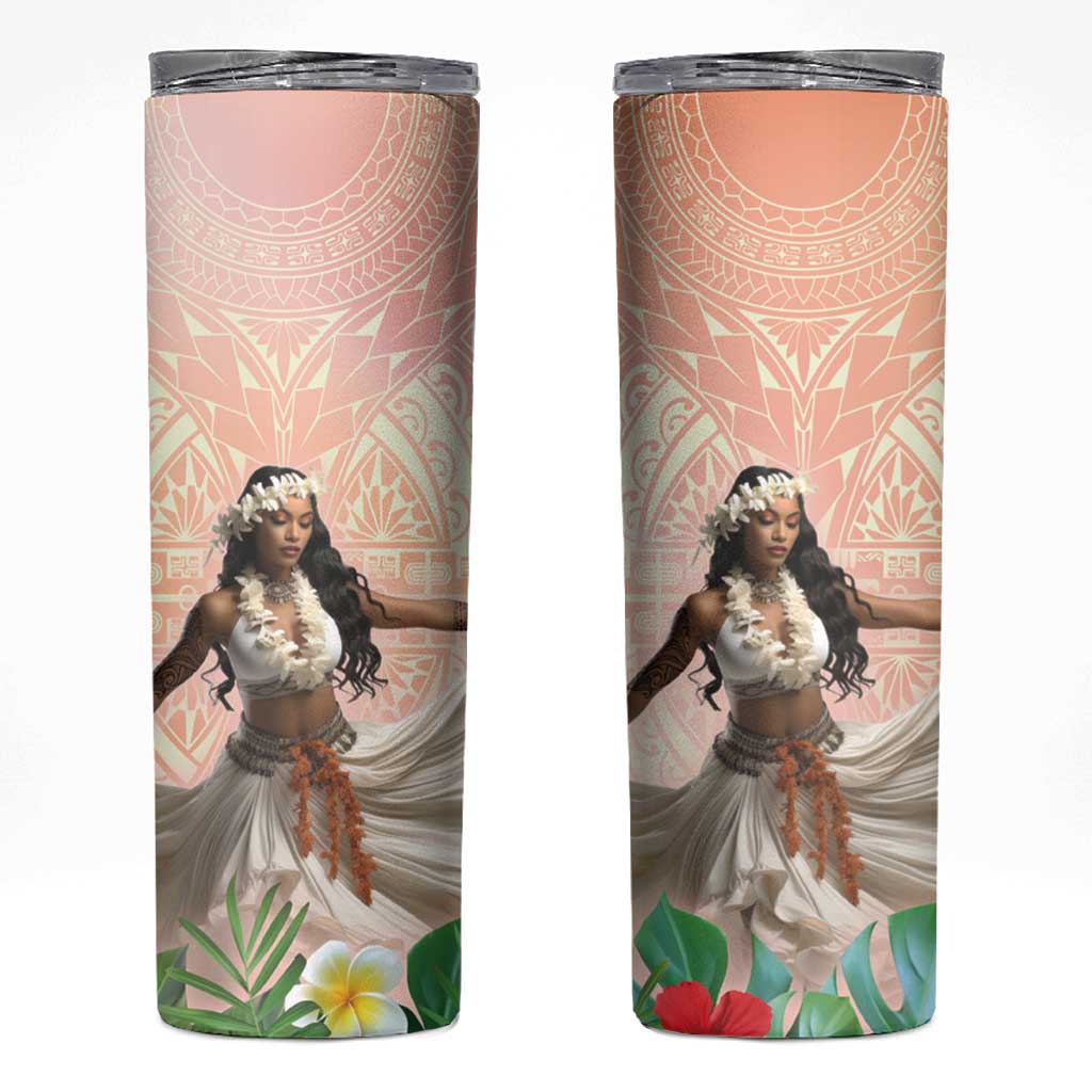 Woman Polynesian Tattoos Skinny Tumbler Tropical Flower - Peach Fuzz Color