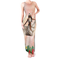 Woman Polynesian Tattoos Tank Maxi Dress Tropical Flower - Peach Fuzz Color