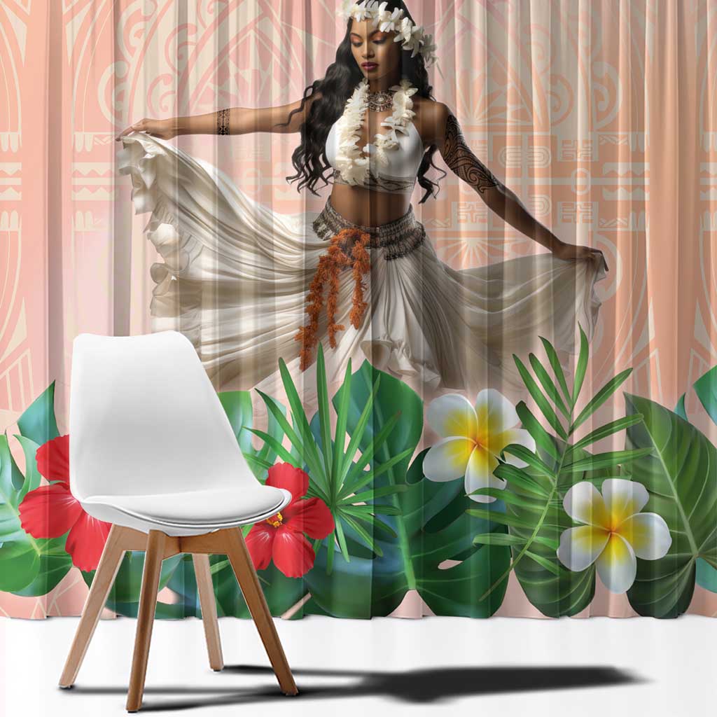 Woman Polynesian Tattoos Window Curtain Tropical Flower - Peach Fuzz Color